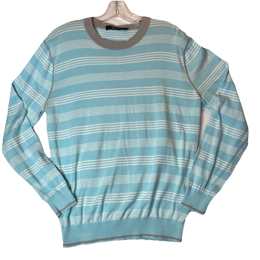 ZEGNA SPORT Womens Crew Neck Jumper Sweater L Blue White Stripe 100% Cotton